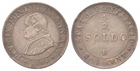 ROMA
Pio IX (Giovanni Maria Mastai Ferretti), 1846-1878.
Mezzo Soldo 1867 a. XXI.
Æ
gr. 2,49
Dr. Busto a s., con zucchetto, mozzetta e stola.
Rv...