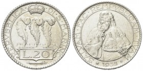 SAN MARINO
Vecchia monetazione, 1864-1938. 
20 Lire 1932.
Ag
gr. 14,91
Dr. Tre penne coronate, su merlature.
Rv. Busto di San Marino con le tre ...