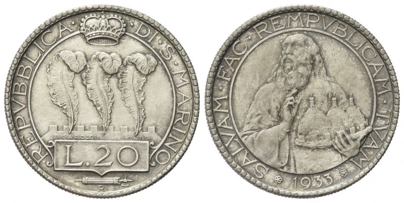 SAN MARINO
Vecchia monetazione, 1864-1938. 
20 Lire 1933.
Ag
gr. 14,90
Dr. ...