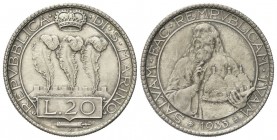 SAN MARINO
Vecchia monetazione, 1864-1938. 
20 Lire 1933.
Ag
gr. 14,90
Dr. Tre penne coronate, su merlature.
Rv. Busto di San Marino con le tre ...