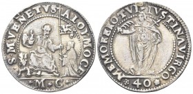 VENEZIA
Alvise I Mocenigo Doge LXXXV, 1570-1577.
40 Soldi con Santa Giustina.
Ag
gr. 8,92
Dr. ALOY MOCE S M VENETVS. S. Marco, seduto di fronte, ...