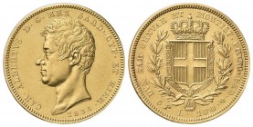 REGNO DI SARDEGNA
Carlo Alberto, 1831-1849.
100 Lire 1834 Torino.
Au
Dr. Testa del sovrano rivolta a s.
Rv. Stemma sabaudo crociato sormontato da...