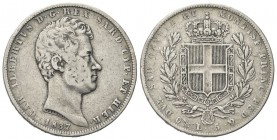 REGNO DI SARDEGNA
Carlo Alberto, 1831-1849.
5 Lire 1837 Genova. 
Ag
Dr. Testa del sovrano rivolta a d.
Rv. Stemma sabaudo crociato sormontato da ...