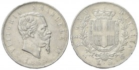 REGNO D’ITALIA
Vittorio Emanuele II, 1861-1878.
5 Lire 1865 Napoli.
Ag
Dr. Testa del sovrano rivolta a d.
Rv. Stemma sabaudo crociato sormontato ...