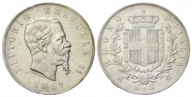 REGNO D’ITALIA
Vittorio Emanuele II, 1861-1878.
5 Lire 1869 Milano.
Ag
Dr. Testa del sovrano rivolta a d.
Rv. Stemma sabaudo crociato sormontato ...