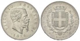 REGNO D’ITALIA
Vittorio Emanuele II, 1861-1878.
5 Lire 1874 Milano.
Ag
Dr. Testa del sovrano rivolta a d.
Rv. Stemma sabaudo crociato sormontato ...