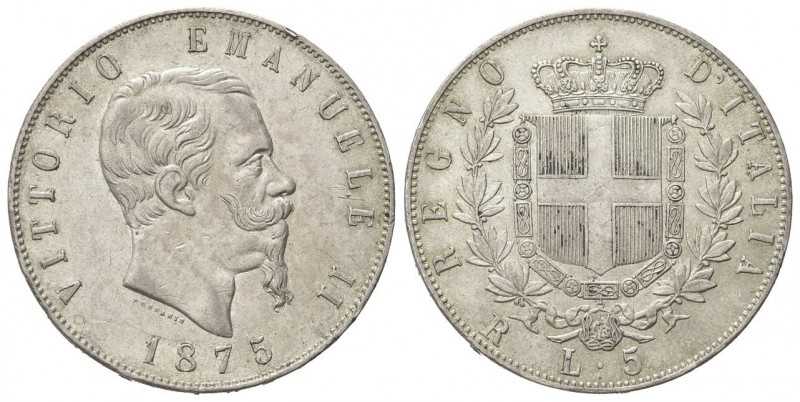 REGNO D’ITALIA
Vittorio Emanuele II, 1861-1878.
5 Lire 1875 Roma. 
Ag
Dr. Te...