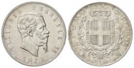 REGNO D’ITALIA
Vittorio Emanuele II, 1861-1878.
5 Lire 1875 Milano.
Ag
Dr. Testa del sovrano rivolta a d.
Rv. Stemma sabaudo crociato sormontato ...