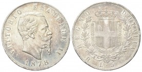 REGNO D’ITALIA
Vittorio Emanuele II, 1861-1878.
5 Lire 1878 Roma.
Ag
Dr. Testa del sovrano rivolta a d.
Rv. Stemma sabaudo crociato sormontato da...