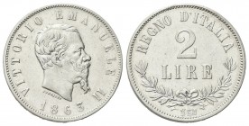 REGNO D’ITALIA
Vittorio Emanuele II, 1861-1878.
2 Lire 1863 Napoli, II° Tipo.
Ag
Dr. Testa del sovrano rivolta a d.
Rv. Valore su due righe tra d...