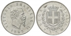 REGNO D’ITALIA
Vittorio Emanuele II, 1861-1878.
2 Lire 1863 Napoli, I° Tipo.
Ag
Dr. Testa del sovrano rivolta a d.
Rv. Stemma sabaudo crociato so...