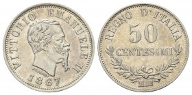 REGNO D’ITALIA
Vittorio Emanuele II, 1861-1878.
50 Centesimi 1867 Milano, II° Tipo.
Ag
Dr. Testa del sovrano rivolta a d.
Rv. Su due righe valore...