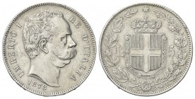 REGNO D’ITALIA
Umberto I, 1878-1900.
5 Lire 1878 Roma, I° Tipo.
Ag
Dr. Testa del sovrano rivolta a d.
Rv. Stemma sabaudo crociato sormontato da c...