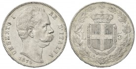 REGNO D’ITALIA
Umberto I, 1878-1900.
5 Lire 1879 Roma, II° Tipo.
Ag
Dr. Testa del sovrano rivolta a d.
Rv. Stemma sabaudo crociato sormontato da ...