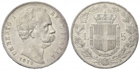 REGNO D’ITALIA
Umberto I, 1878-1900.
5 Lire 1879 Roma, II° Tipo.
Ag
Dr. Testa del sovrano rivolta a d.
Rv. Stemma sabaudo crociato sormontato da ...