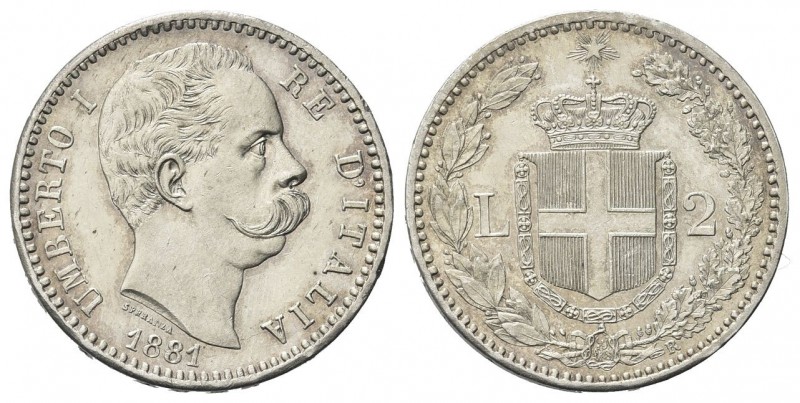 REGNO D’ITALIA
Umberto I, 1878-1900.
2 Lire 1881 Roma, I° Tipo.
Ag
Dr. Testa...