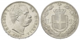 REGNO D’ITALIA
Umberto I, 1878-1900.
2 Lire 1897 Roma, II° Tipo.
Ag
Dr. Testa del sovrano rivolta a d.
Rv. Stemma sabaudo crociato sormontato da ...