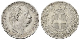 REGNO D’ITALIA
Umberto I, 1878-1900.
2 Lire 1899 Roma, II° Tipo.
Ag
Dr. Testa del sovrano rivolta a d.
Rv. Stemma sabaudo crociato sormontato da ...