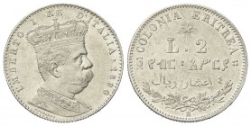 COLONIA ERITREA
Umberto I, 1890-1896.
2 Lire 1890 Roma.
Ag
Dr. Busto a d., in uniforme, con corona.
Rv. Su due righe, L 2 e valore espresso in am...