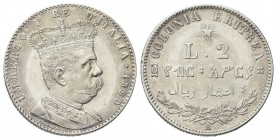 COLONIA ERITREA
Umberto I, 1890-1896.
2 Lire 1890 Roma.
Ag
Dr. Busto a d., in uniforme, con corona.
Rv. Su due righe, L 2 e valore espresso in am...