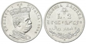 COLONIA ERITREA
Umberto I, 1890-1896.
2 Lire 1896 Roma.
Ag
Dr. Busto a d., in uniforme, con corona.
Rv. Su due righe, L 2 e valore espresso in am...