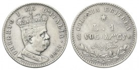 COLONIA ERITREA
Umberto I, 1890-1896.
Lira 1890 Roma.
Ag
Dr. Busto a d., in uniforme, con corona. 
Rv. Su due righe, L 1 e valore espresso in ama...