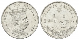 COLONIA ERITREA
Umberto I, 1890-1896.
Lira 1891 Roma.
Ag
Dr. Busto a d., in uniforme, con corona. 
Rv. Su due righe, L 1 e valore espresso in ama...