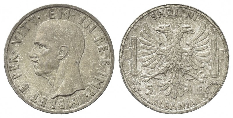 REGNO D’ALBANIA
Vittorio Emanuele III, 1939-1943.
5 Lek 1939 a. XVII Roma.
Ag...