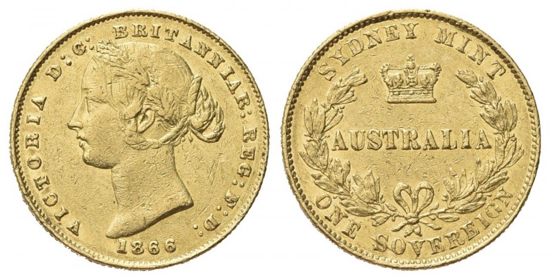 AUSTRALIA
Regina Vittoria, 1837-1901.
Sterlina 1866, zecca di Sidney.
Au
gr....