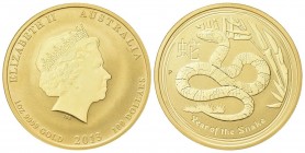 Australia
Elisabetta II, dal 1952.
100 Dollari 2013.
Au
gr. 31,12
Dr. Testa coronata a d.
Rv. Anno del serpente.
KM#1973.
FDC