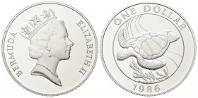 Bermuda
Elisabetta II, dal 1952.
Dollaro 1986.
Ag
gr. 28,05
Dr. Testa coronata a d.
Rv. Tartaruga.
KM#49a.
Proof