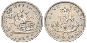 canada
Regina Vittoria, 1837-1901.
Penny-Token 1857.
Æ
gr. 15,61
Dr. San Giorgio a cavallo trafigge il drago.
Rv. Parte dello Stemma dell’Upper ...