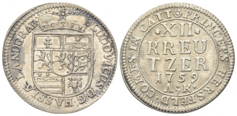 GERMANIA
Luigi VIII, 1739-1768.
Hesse Darmastadt. 12 Kreutzer 1759.
Ag
gr. 4...