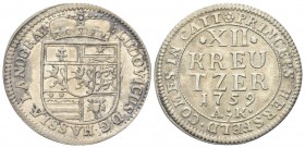 GERMANIA
Luigi VIII, 1739-1768.
Hesse Darmastadt. 12 Kreutzer 1759.
Ag
gr. 4,20
Dr. Stemma coronato.
Rv. XII / KREU / TZER / 1759 / A K. Iscrizi...