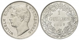 GERMANIA
Wilhelm I, 1816-1864.
Württemberg. 1 Gulden 1839.
Ag
gr. 10,61 
Dr. Testa nuda a s.
Rv. Valore e data tra due rami di quercia.
KM#574....