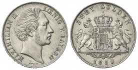 GERMANIA
Maximilian II, 1848-1864. 
Bayern. 2 Gulden 1850.
Ag
gr. 21,11
Dr. Testa nuda a d. 
Rv. Stamma coronato tra due leoni.
Dav. 600; J. 83...