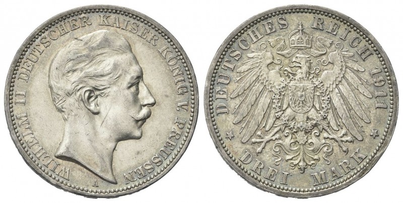 germania
Wilhelm II, 1888-1918.
Prussia. 3 Marchi 1911 A, Berlino.
Au
gr. 16...
