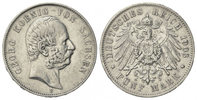 GERMANIA
Georg, 1902-1904. 
Sassonia. 5 Mark 1903 E.
Ag
gr. 27,59
.Dr. E / ...