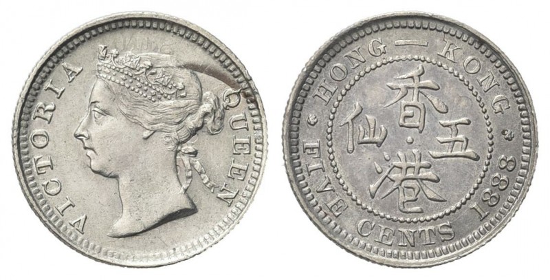 HONG KONG
Regina Vittoria, 1837-1901.
5 Centesimi 1888.
Ag
gr. 1,38
Dr. Tes...