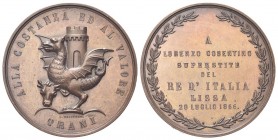 Trani
Durante Vittorio Emanuele II, 1861-1878.
Medaglia 1866 opus L. Maluberti.
Æ
gr. 39,68 mm 44,4
Dr. ALLA COSTANZA ED AL VALORE. Stemma dell c...