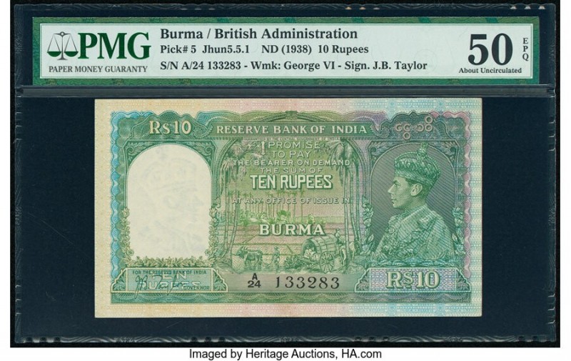 Burma Reserve Bank of India 10 Rupees ND (1938) Pick 5 Jhunjhunwalla-Razack 5.5....