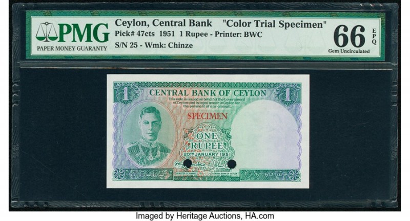 Ceylon Central Bank of Ceylon 1 Rupee 20.1.1951 Pick 47cts Color Trial Specimen ...