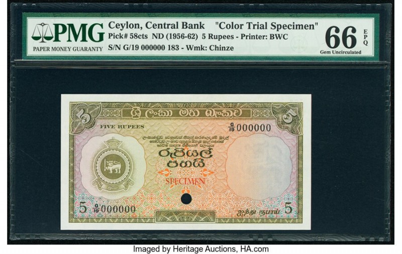 Ceylon Central Bank of Ceylon 5 Rupees ND (1956-62) Pick 58cts Color Trial Speci...
