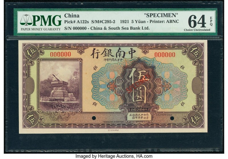 China China & South Sea Bank, Limited 5 Yuan 1921 Pick A122s S/M#C295-2 Specimen...