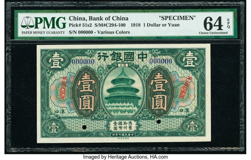 China Bank of China 1 Yuan 1918 Pick 51s2 S/M#C294-100 Specimen PMG Choice Uncir...