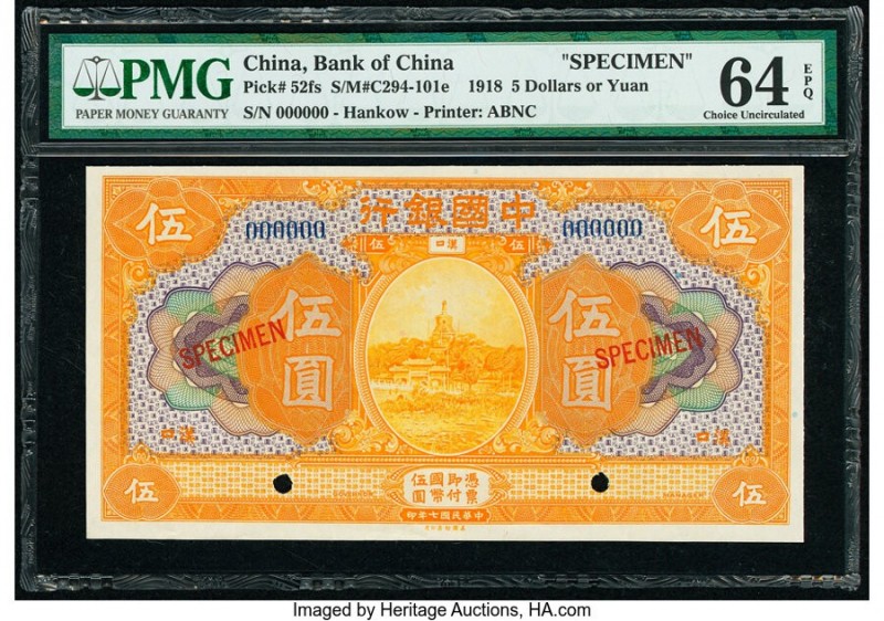 China Bank of China, Hankow 5 Yuan 1918 Pick 52fs S/M#C294-101e Specimen PMG Cho...