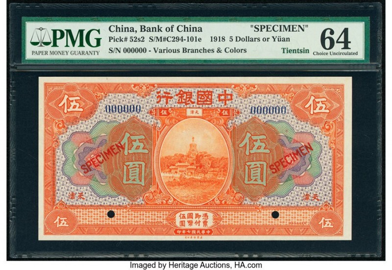 China Bank of China, Tientsin 5 Yuan 1918 Pick 52s2 S/M#C294-101e Specimen PMG C...