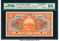 China Bank of China, Tientsin 5 Yuan 1918 Pick 52s2 S/M#C294-101e Specimen PMG Choice Uncirculated 64. PMG mentions "good embossing." Two POCs present...