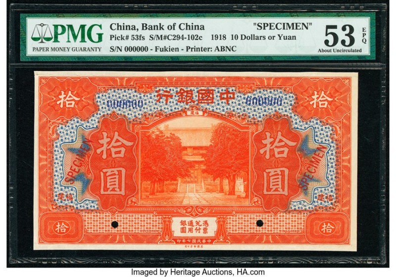 China Bank of China, Fukien 10 Dollars 1918 Pick 53fs S/M#C294-102c Specimen PMG...
