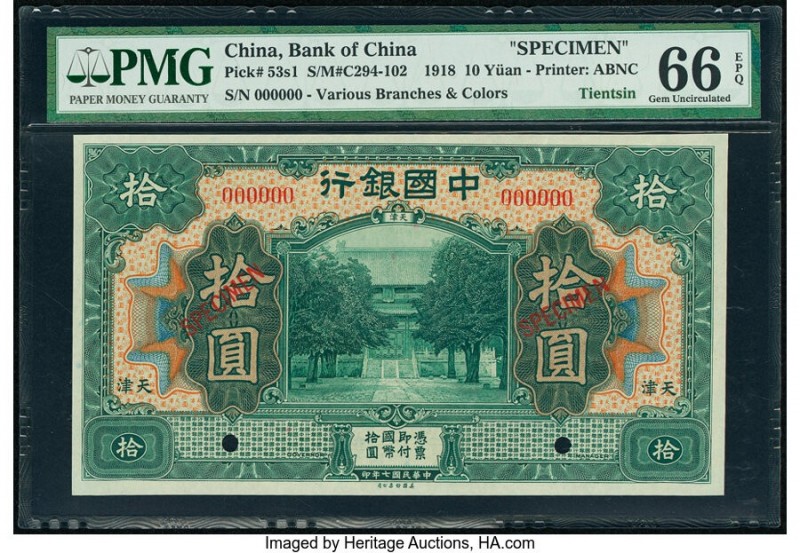 China Bank of China, Tientsin 10 Yuan 1918 Pick 53s1 S/M#C294-102 Specimen PMG G...